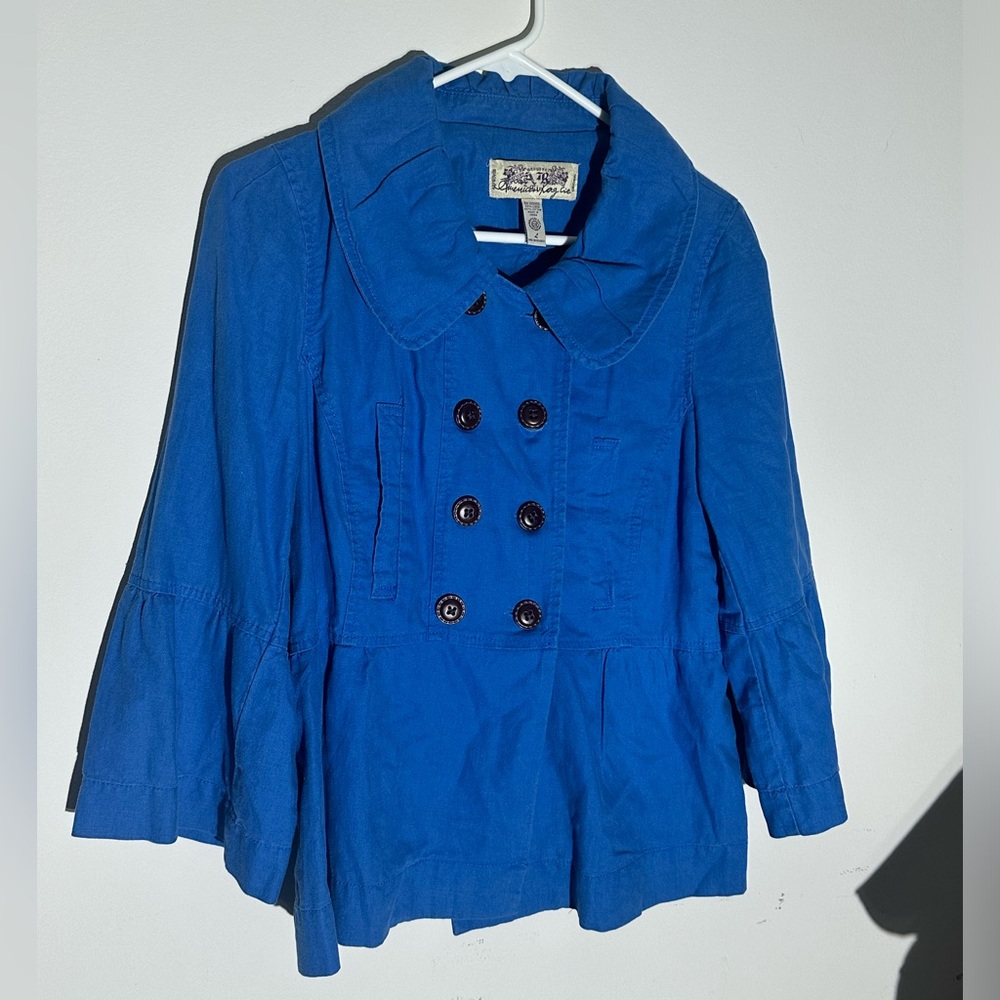 American Rag Blue Y2K Linen Blend Double Breasted Peplum Jacket Womens Large